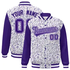 White Purple Line Graffiti Raglan Varsity Letterman Jacket