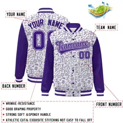 White Purple Line Graffiti Raglan Varsity Letterman Jacket 2