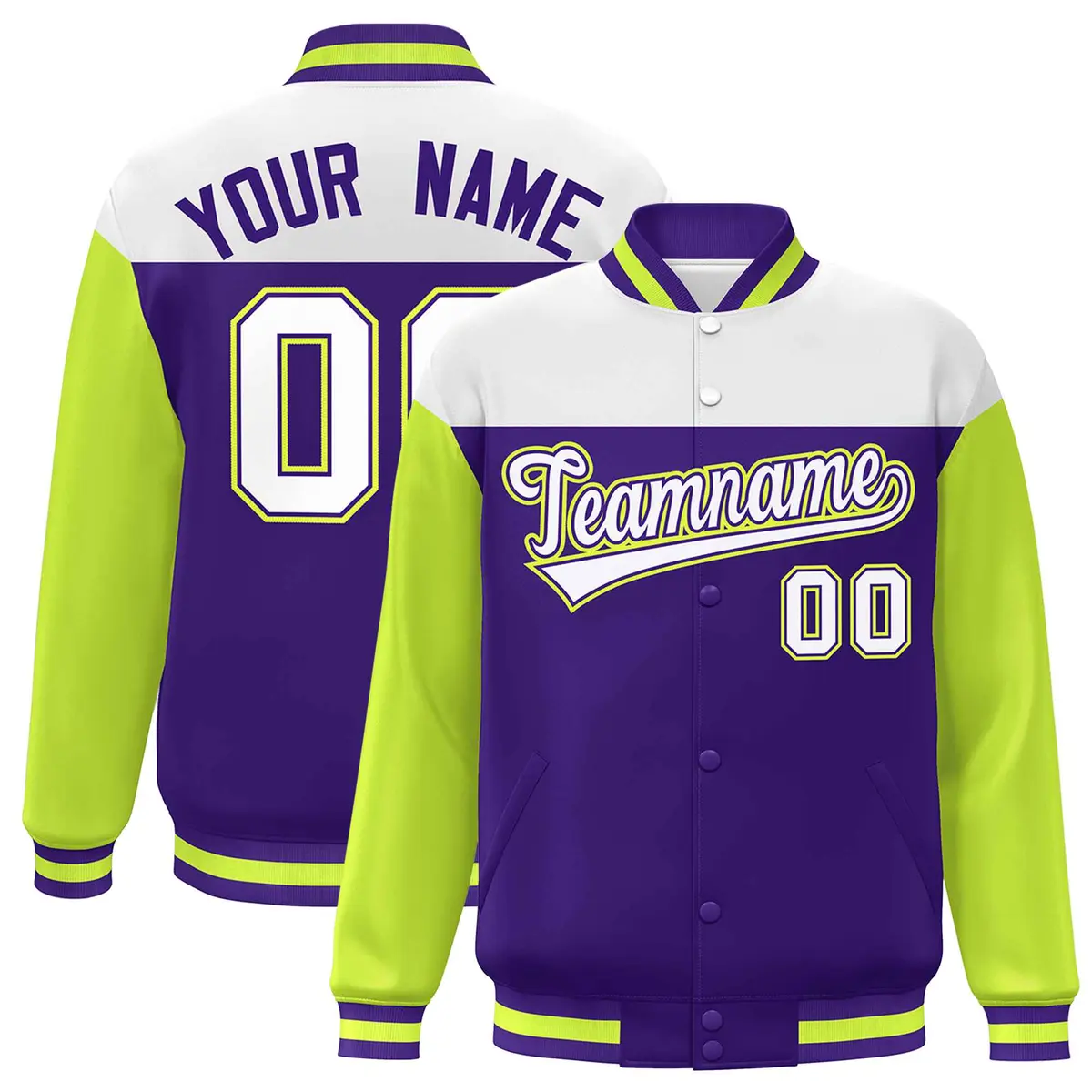 White Purple-Neon Green Color Block Letterman Varsity Baseball Jacket