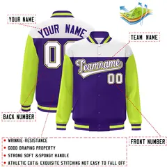 White Purple-Neon Green Color Block Letterman Varsity Baseball Jacket 2