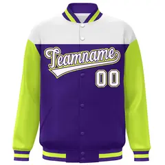 White Purple-Neon Green Color Block Letterman Varsity Baseball Jacket 3