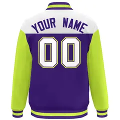White Purple-Neon Green Color Block Letterman Varsity Baseball Jacket 4