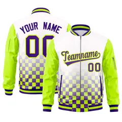 White Purple-Neon Green Grid Color Block Letterman Raglan Jacket 1