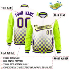 White Purple-Neon Green Grid Color Block Letterman Raglan Jacket 2