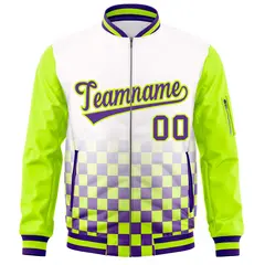 White Purple-Neon Green Grid Color Block Letterman Raglan Jacket 3