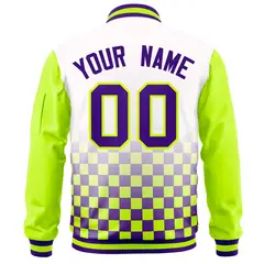 White Purple-Neon Green Grid Color Block Letterman Raglan Jacket 4