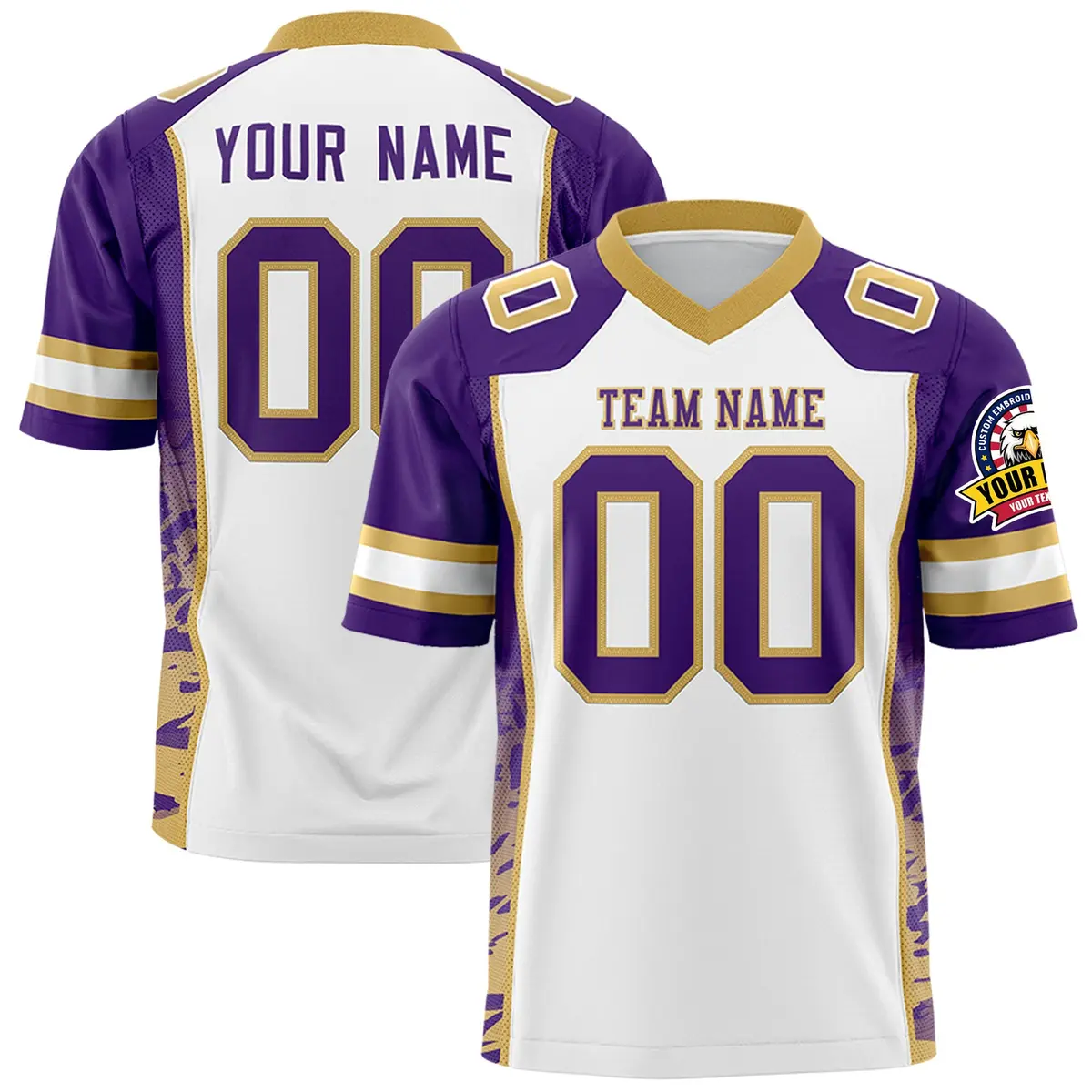 White Purple-Old Gold Raglan Side Pattern Football Jersey