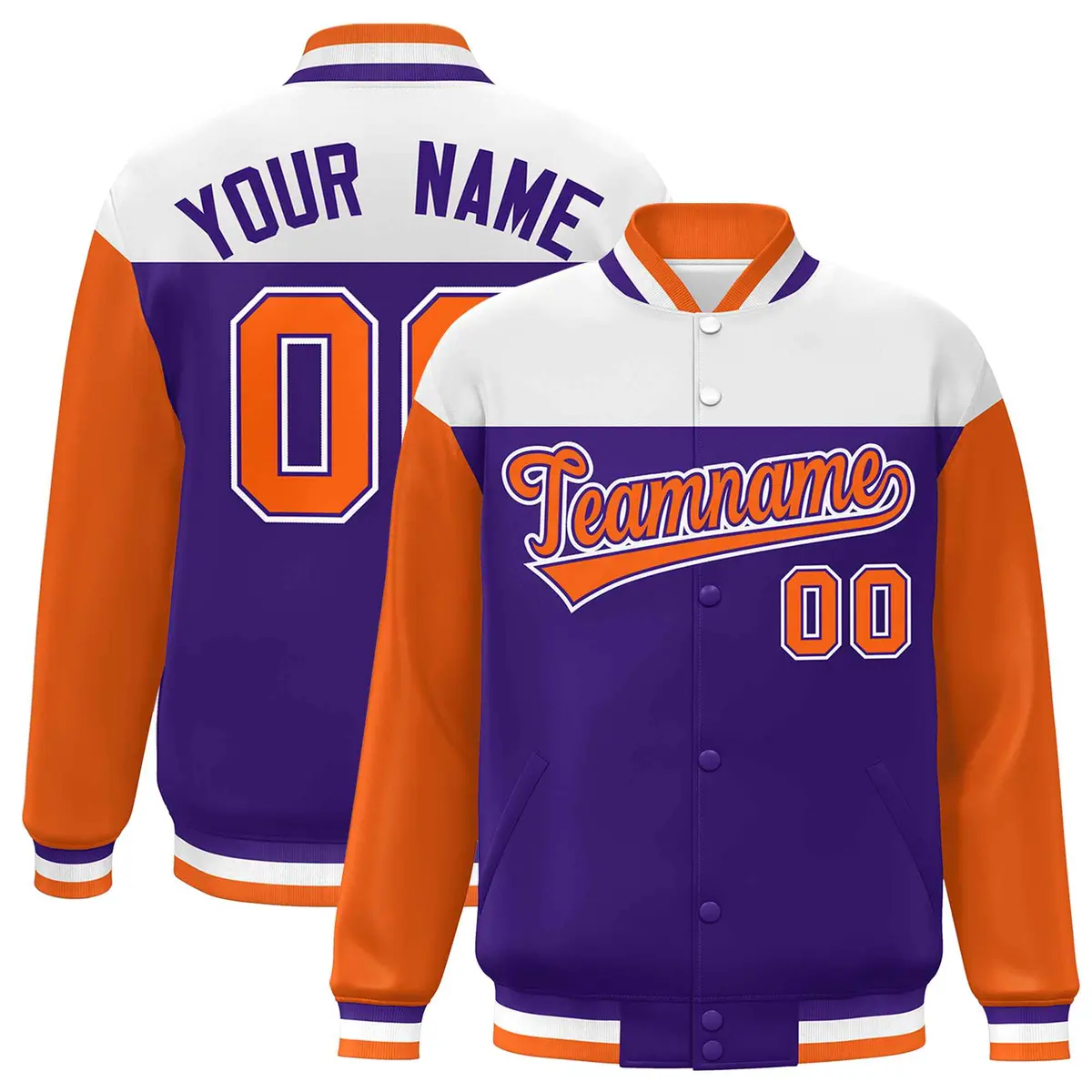 White Purple-Orange Color Block Letterman Varsity Baseball Jacket