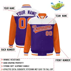 White Purple-Orange Color Block Letterman Varsity Baseball Jacket 2