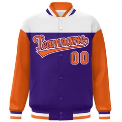 White Purple-Orange Color Block Letterman Varsity Baseball Jacket 3