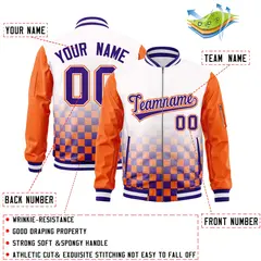White Purple-Orange Grid Color Block Letterman Raglan Jacket 2