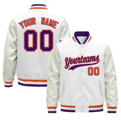 White Purple Orange Varsity Jacket with Faux Leather Sleeves