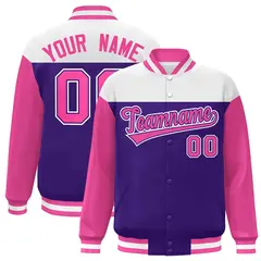 White Purple-Pink Color Block Letterman Varsity Baseball Jacket