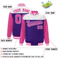 White Purple-Pink Color Block Letterman Varsity Baseball Jacket 2