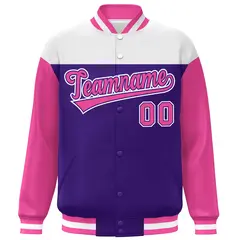 White Purple-Pink Color Block Letterman Varsity Baseball Jacket 3