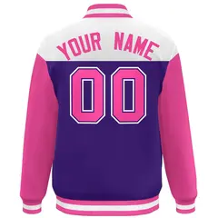 White Purple-Pink Color Block Letterman Varsity Baseball Jacket 4