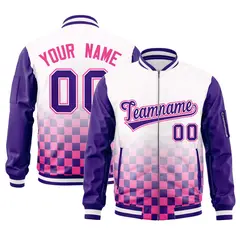 White Purple-Pink Grid Color Block Letterman Raglan Full-Zip Varsity Jacket