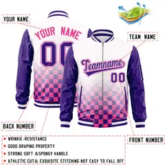White Purple-Pink Grid Color Block Letterman Raglan Full-Zip Varsity Jacket 2