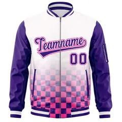 White Purple-Pink Grid Color Block Letterman Raglan Full-Zip Varsity Jacket 3