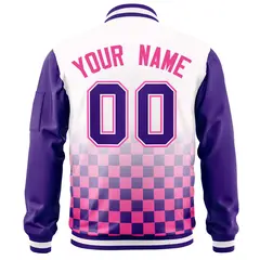 White Purple-Pink Grid Color Block Letterman Raglan Full-Zip Varsity Jacket 4