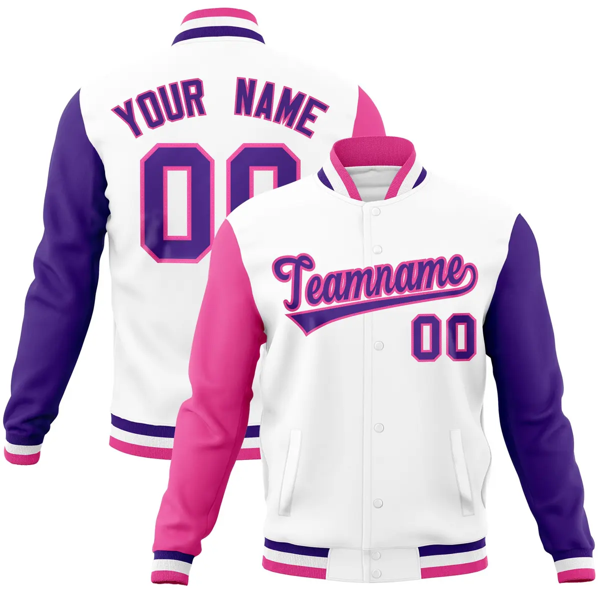 White Purple-Pink Raglan Full-Snap Varsity Letterman Jacket