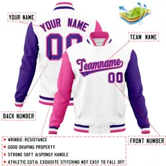 White Purple-Pink Raglan Full-Snap Varsity Letterman Jacket 4