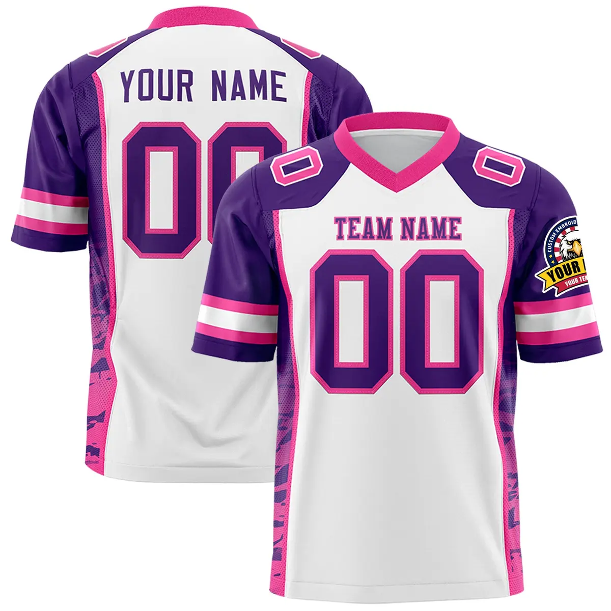 White Purple-Pink Raglan Side Pattern Football Jersey