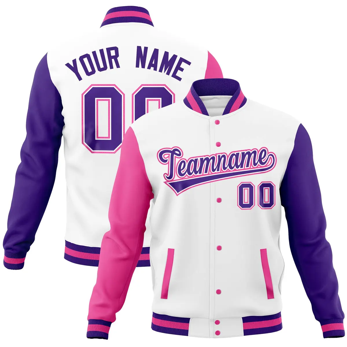 White Purple-Pink Raglan Sleeves Full-Snap Letterman Jacket