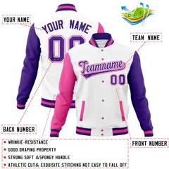 White Purple-Pink Raglan Sleeves Full-Snap Letterman Jacket 4