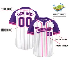 White Purple-Pink Stripe Raglan Two-Button Softball Jersey 2