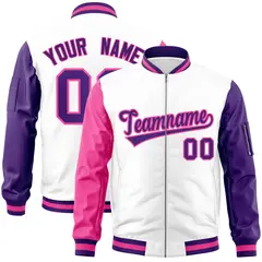 White Purple-Pink Varsity Raglan Full-Zip Letterman Bomber Jacket 1