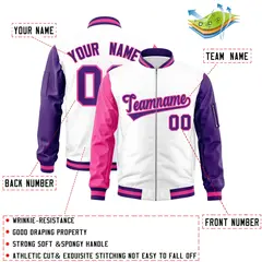 White Purple-Pink Varsity Raglan Full-Zip Letterman Bomber Jacket 2