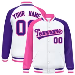 White Purple-Pink Varsity Raglan Letterman Bomber Jacket 1