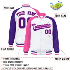 White Purple-Pink Varsity Raglan Letterman Bomber Jacket 2