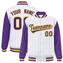 White Purple Pinstripe Raglan Varsity Letterman Baseball Jacket 1