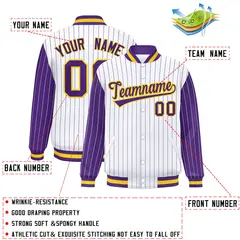 White Purple Pinstripe Raglan Varsity Letterman Baseball Jacket 2