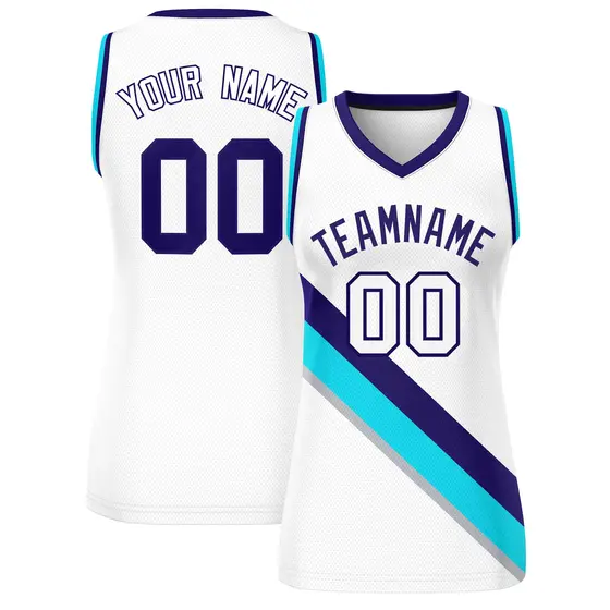 Women's White Purple-Powder Blue Slash Mesh Basketball Jersey