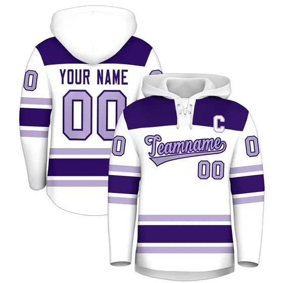 White Purple Raglan Lace-Up Neck Hockey Hoodie Jersey