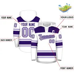 White Purple Raglan Lace-Up Neck Hockey Hoodie Jersey 2