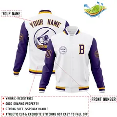 White Purple Raglan Sleeves Full-Snap Varsity Letterman Baseball Jacket 4