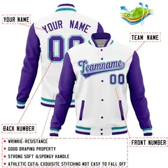 White Purple Raglan Sleeves Full-Snap Varsity Letterman Baseball Jacket 4