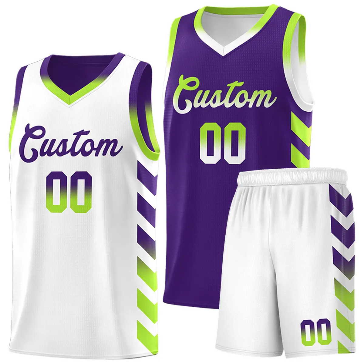 White Purple Reversible Basketball Kits - Side Arrow Purple Neon Green Gradient