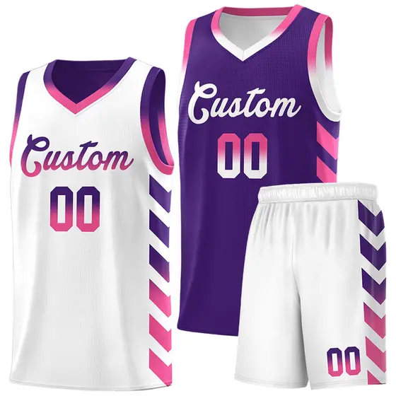White Purple Reversible Basketball Kits - Side Arrow Purple Pink Gradient