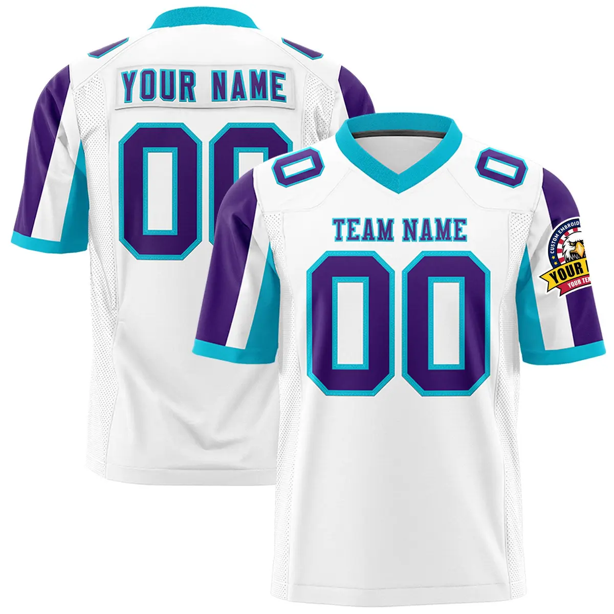 White Purple-Sky Blue Color Block Raglan Football Jersey