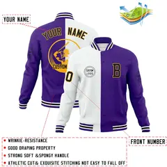 White Purple Split Letterman Full-Snap Varsity Baseball Jacket 4