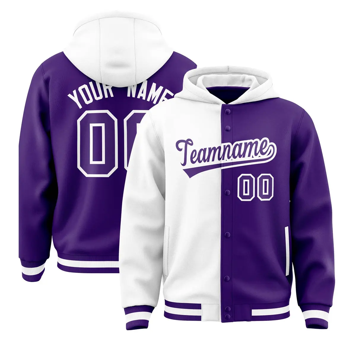 White Purple Two Tone Split Varsity Letterman Jacket Hoodie