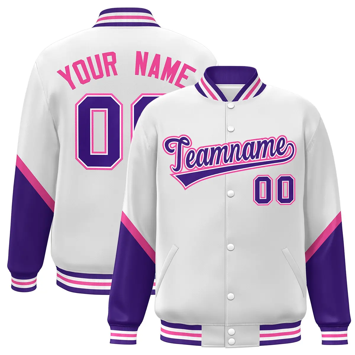 White Purple Varsity Full-Snap Color Block Letterman Baseball Jacket