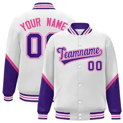 White Purple Varsity Full-Snap Color Block Letterman Baseball Jacket