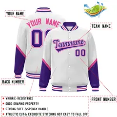White Purple Varsity Full-Snap Color Block Letterman Baseball Jacket 2