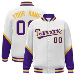White Purple Varsity Full-Snap Color Block Letterman Baseball Jacket 1